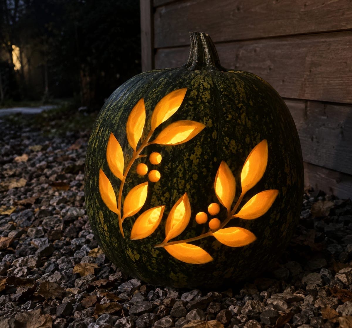 Leaf Branch Pattern Carved on Dark Green Pumpkin