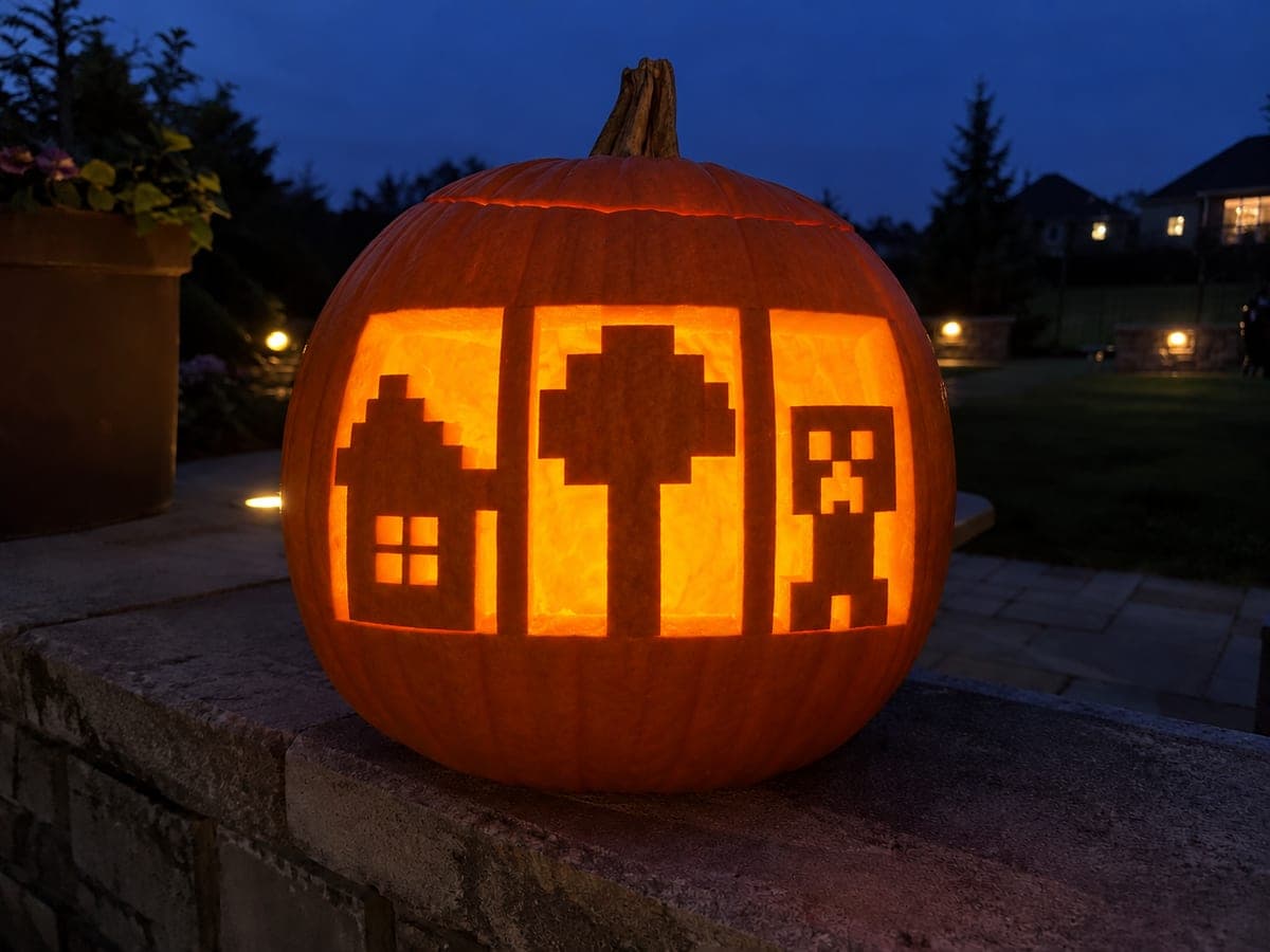 Minecraft Three-Panel Expert Pumpkin Carving Scene