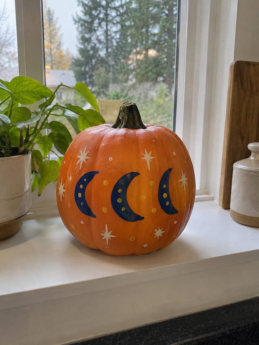 Moon and Star Painted No-Carve Fake Pumpkin Idea