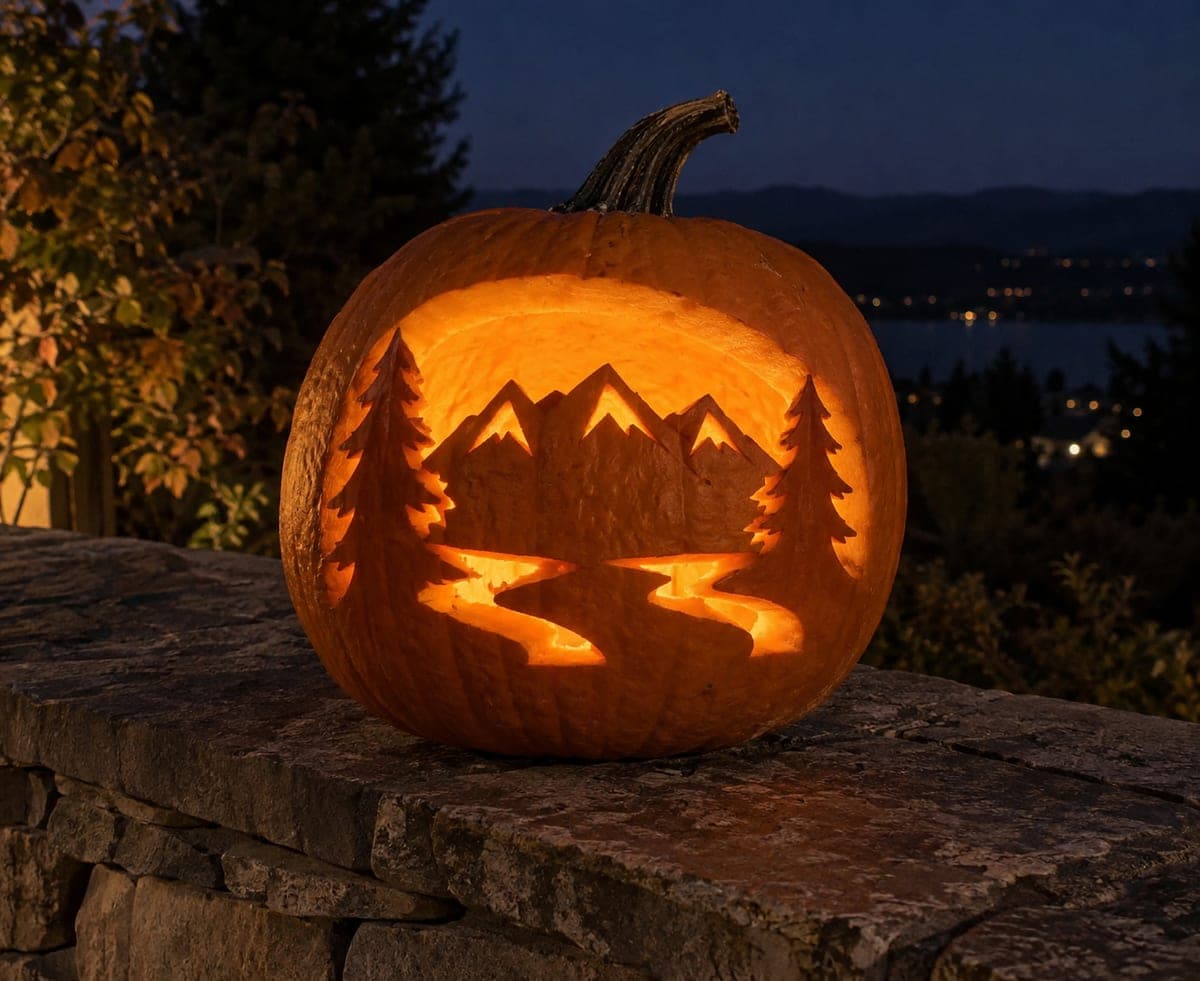 Mountain Pumpkin With Rooted Pine Trees and a River