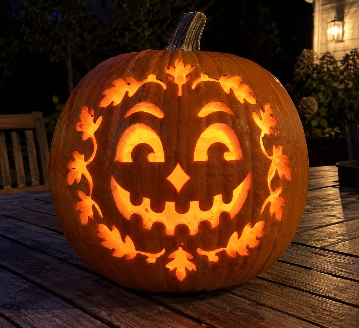 Ornate Jack-O-Lantern Face with Oak Leaf Ring Pumpkin