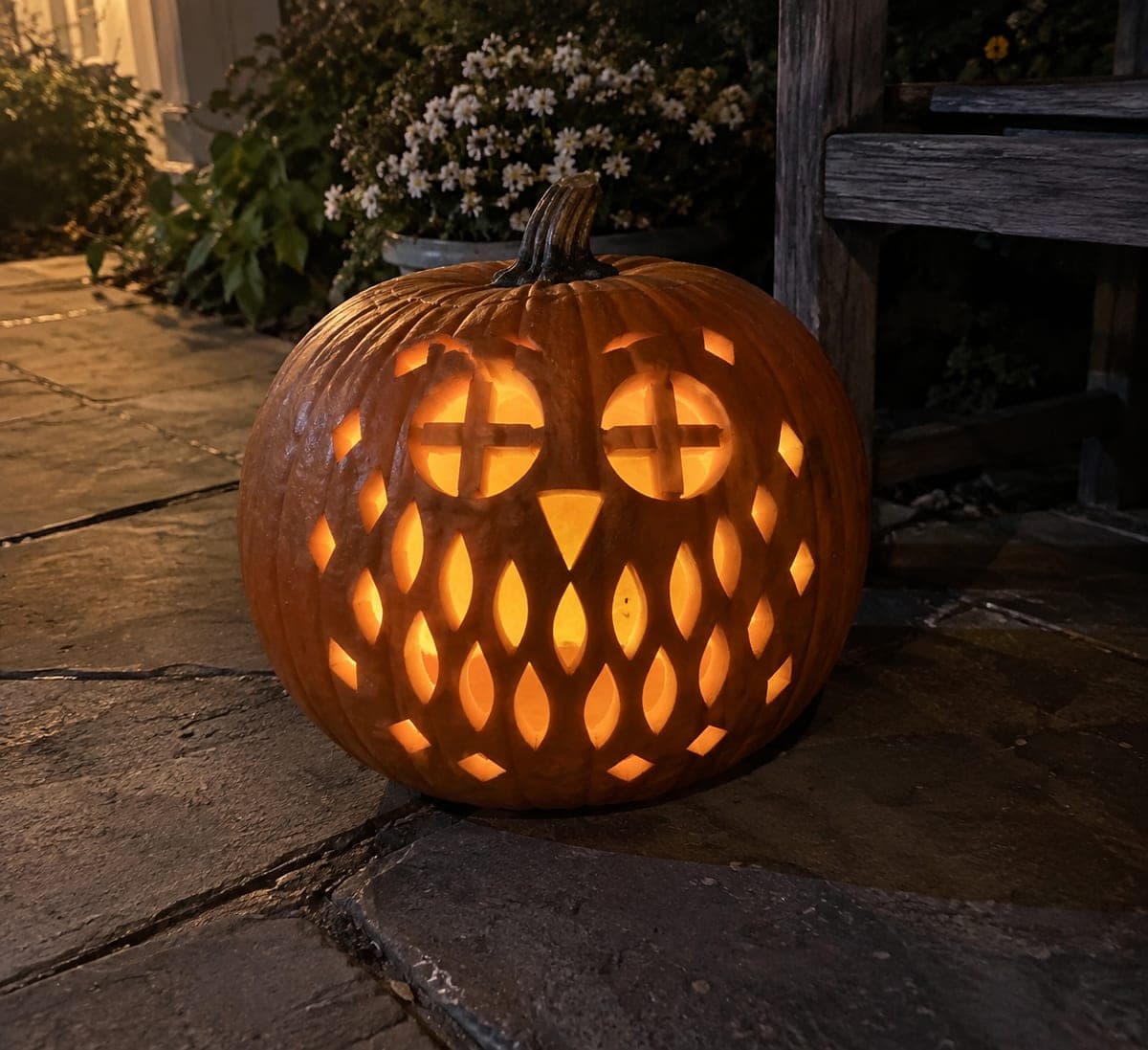 Ornate Owl Jack-O-Lantern With Crossbar Eyes and Feather Rows