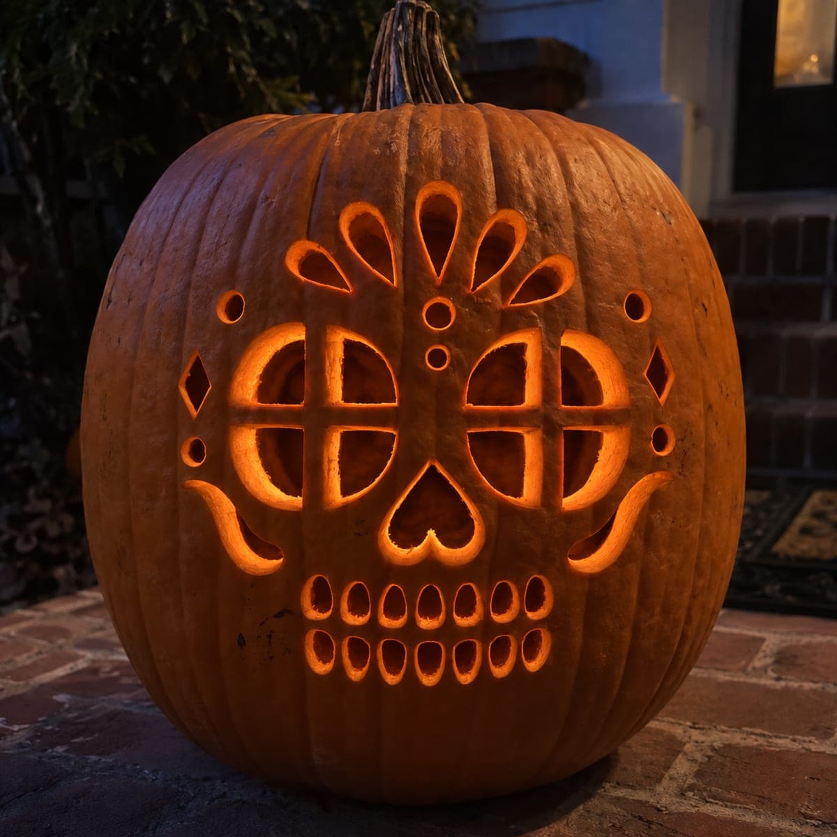 Ornate Skull Jack-O-Lantern with Eye Grids and Teardrops