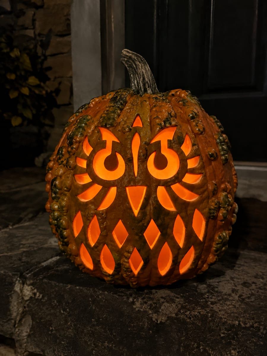 Owl Face Warty Pumpkin With Feather Openings
