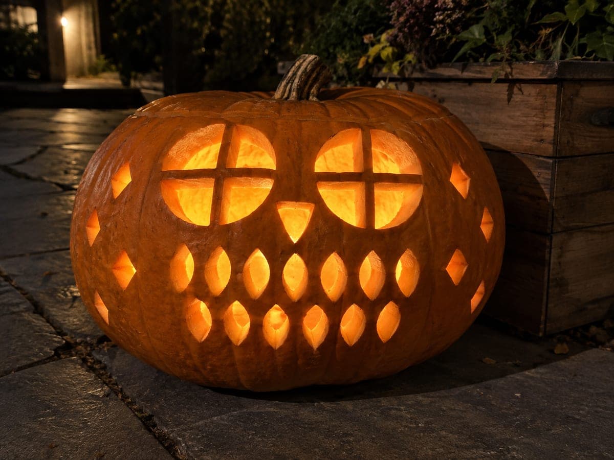 Owl Jack-O-Lantern Wide Pumpkin With Feather Rows