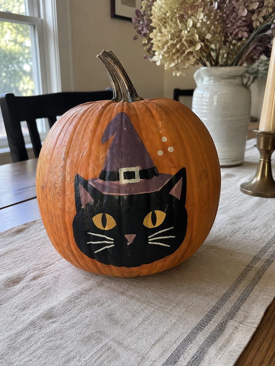 Painted Black Cat Witch Hat Pumpkin with Mauve Hat