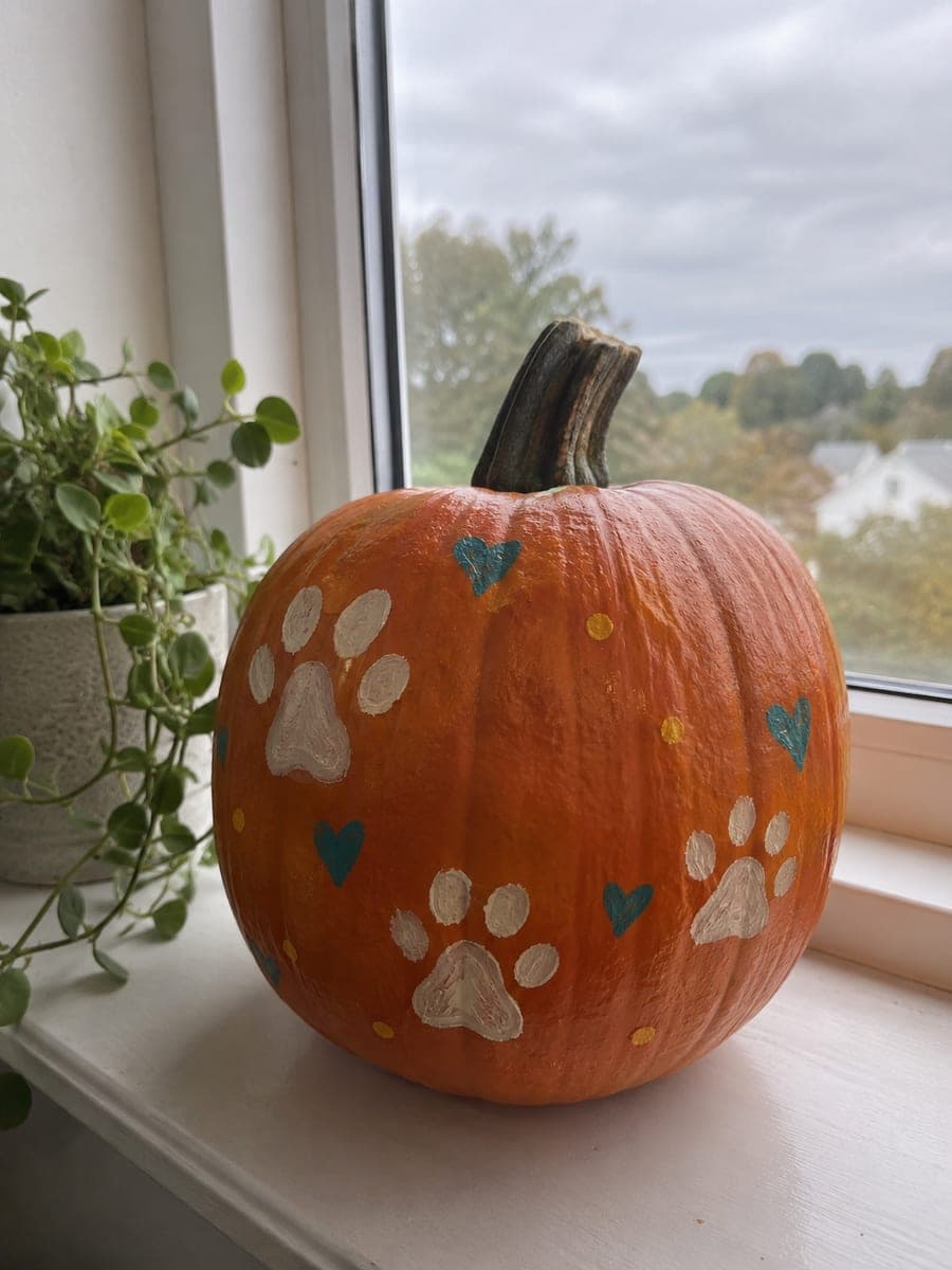 Painted Cream Paw Prints and Teal Hearts Pumpkin
