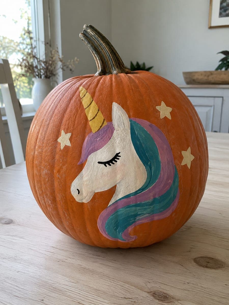 Painted Cream Unicorn Pumpkin with Mauve Mane Swishes