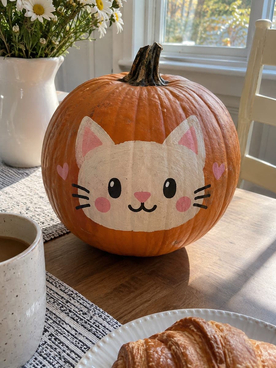 Painted Cute Kitten Pumpkin with Pink Cheeks and Hearts