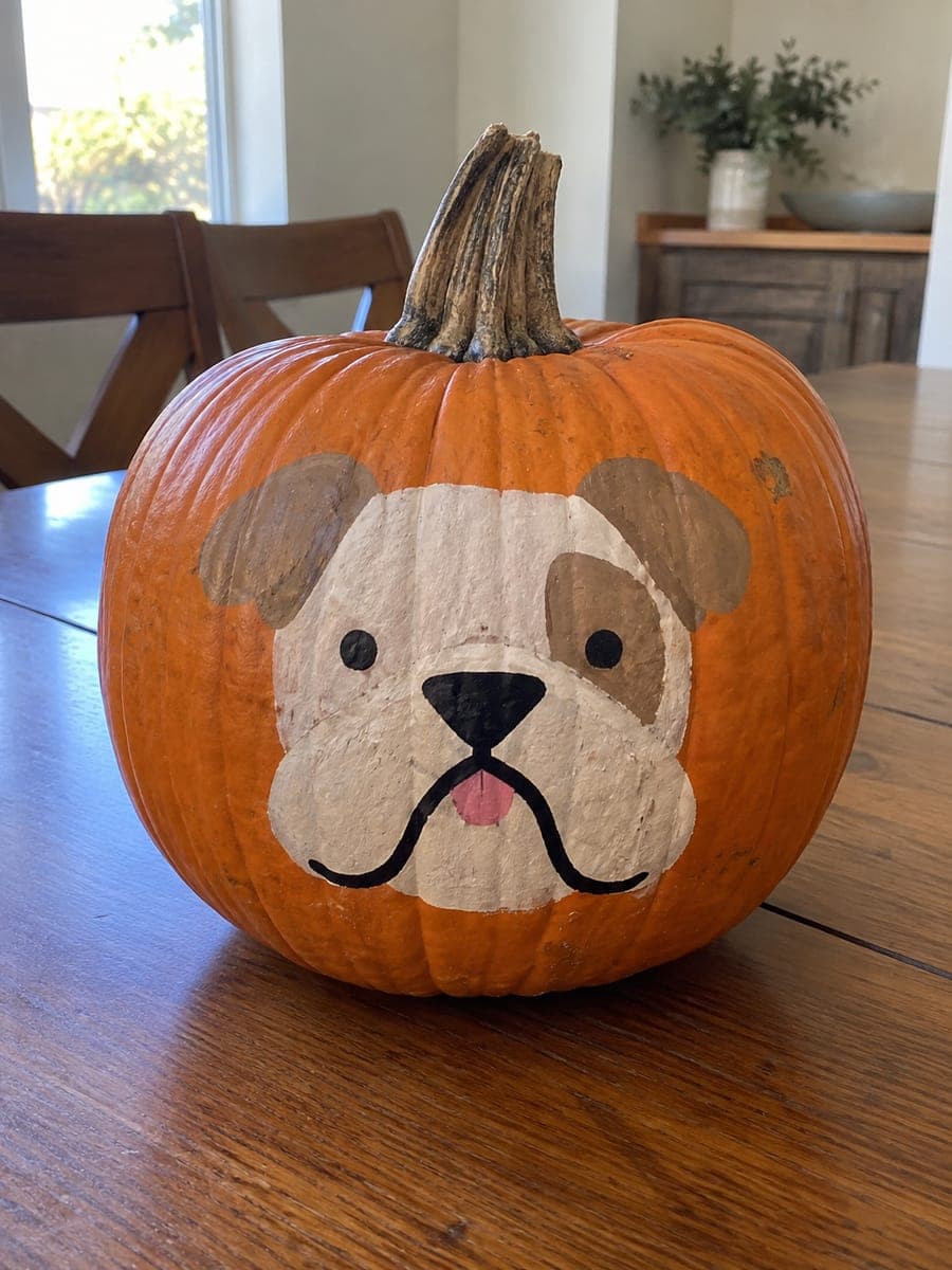 Painted English Bulldog Pumpkin in Natural Light