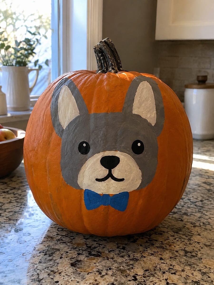 Painted French Bulldog with Blue Bow Tie Pumpkin