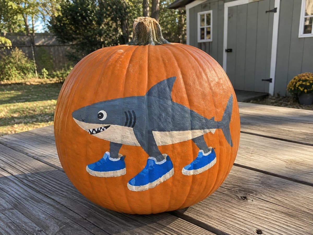 Painted Italian Brainrot Shark Pumpkin with Blue Sneakers