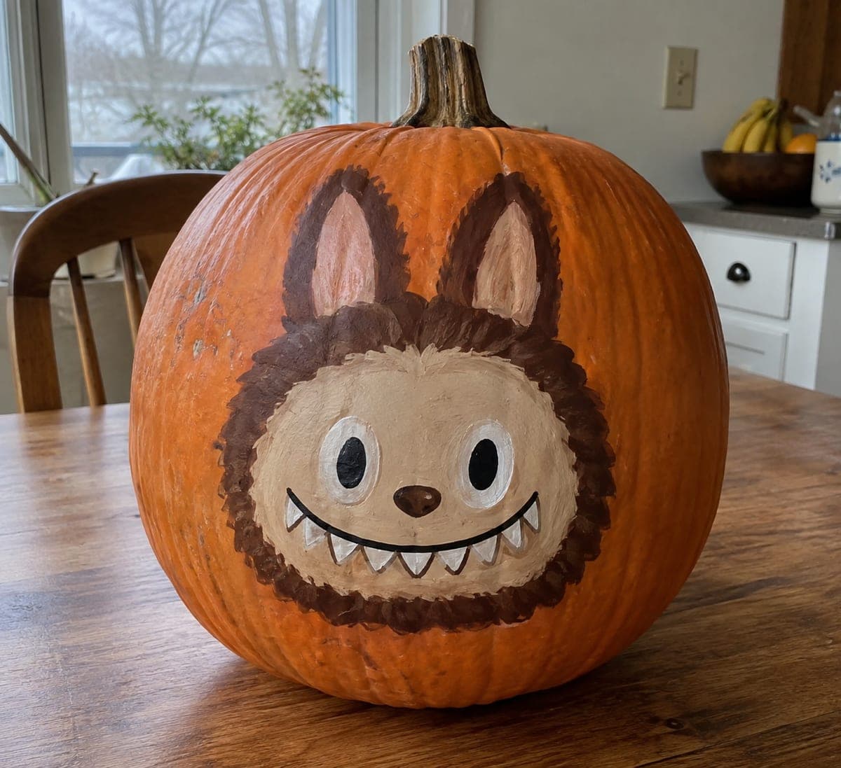 Painted Labubu Pumpkin in Soft Window Light