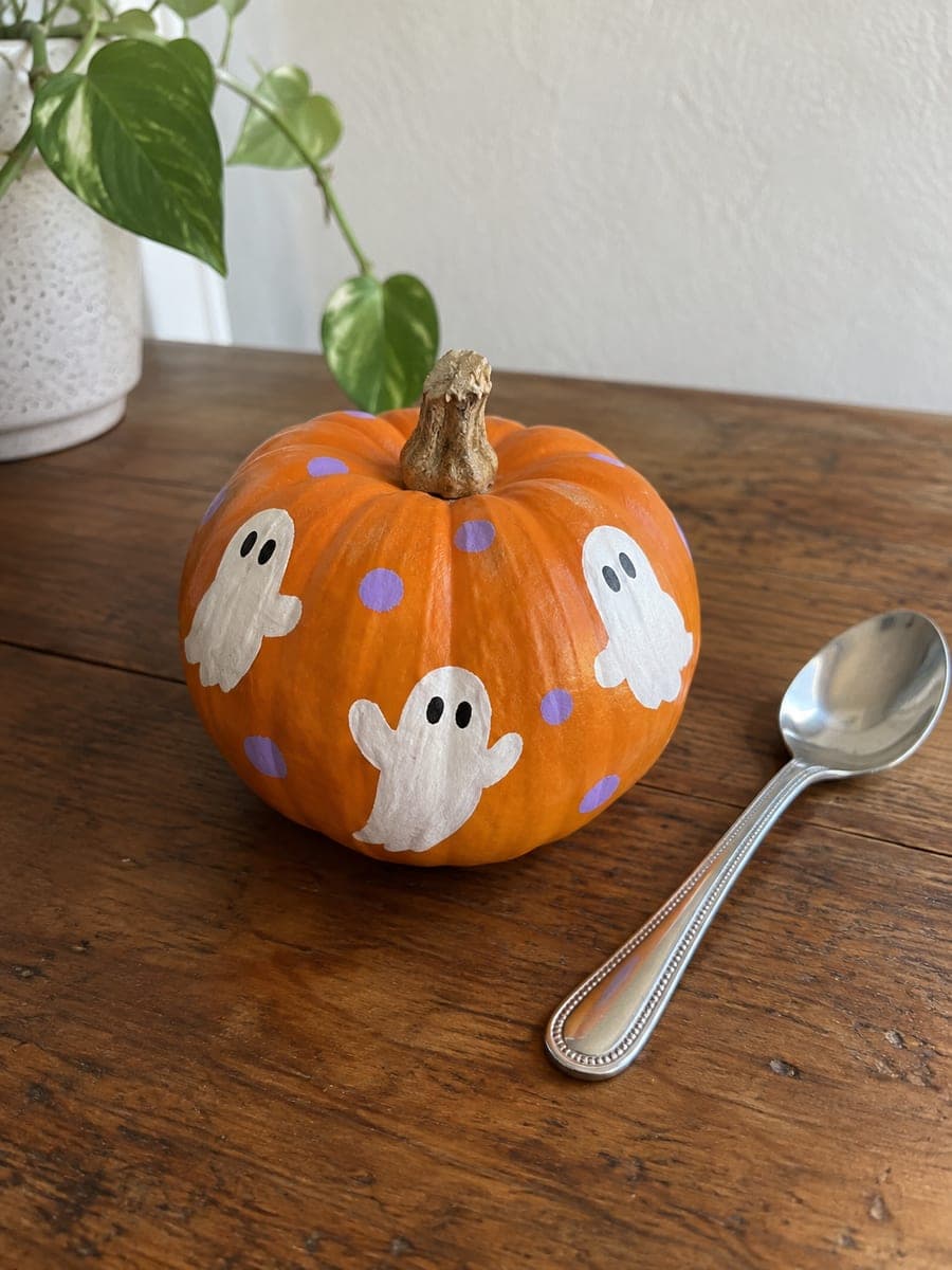 Painted Mini Pumpkin With White Ghosts and Lavender Dots