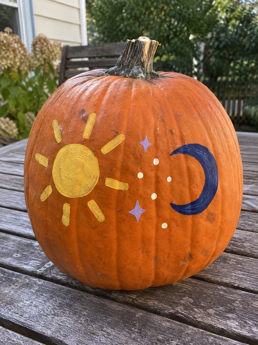 Painted Mustard Sun and Navy Crescent Moon Pumpkin