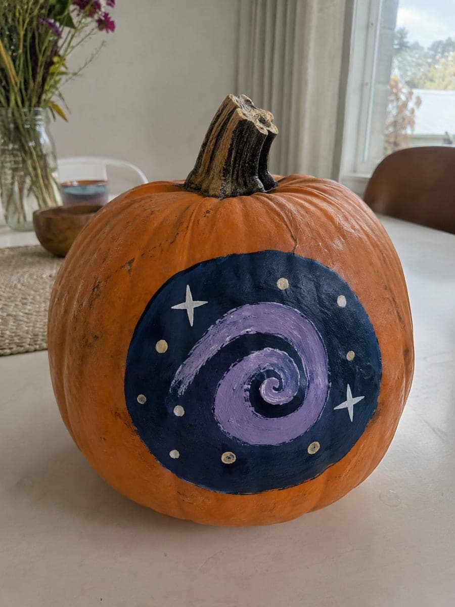 Painted Navy and Lavender Spiral Galaxy Pumpkin