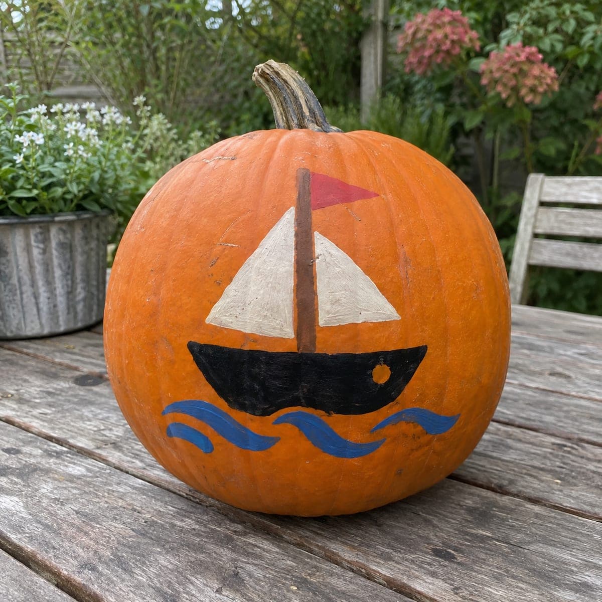 Painted Pirate Ship Pumpkin with Cream Sails