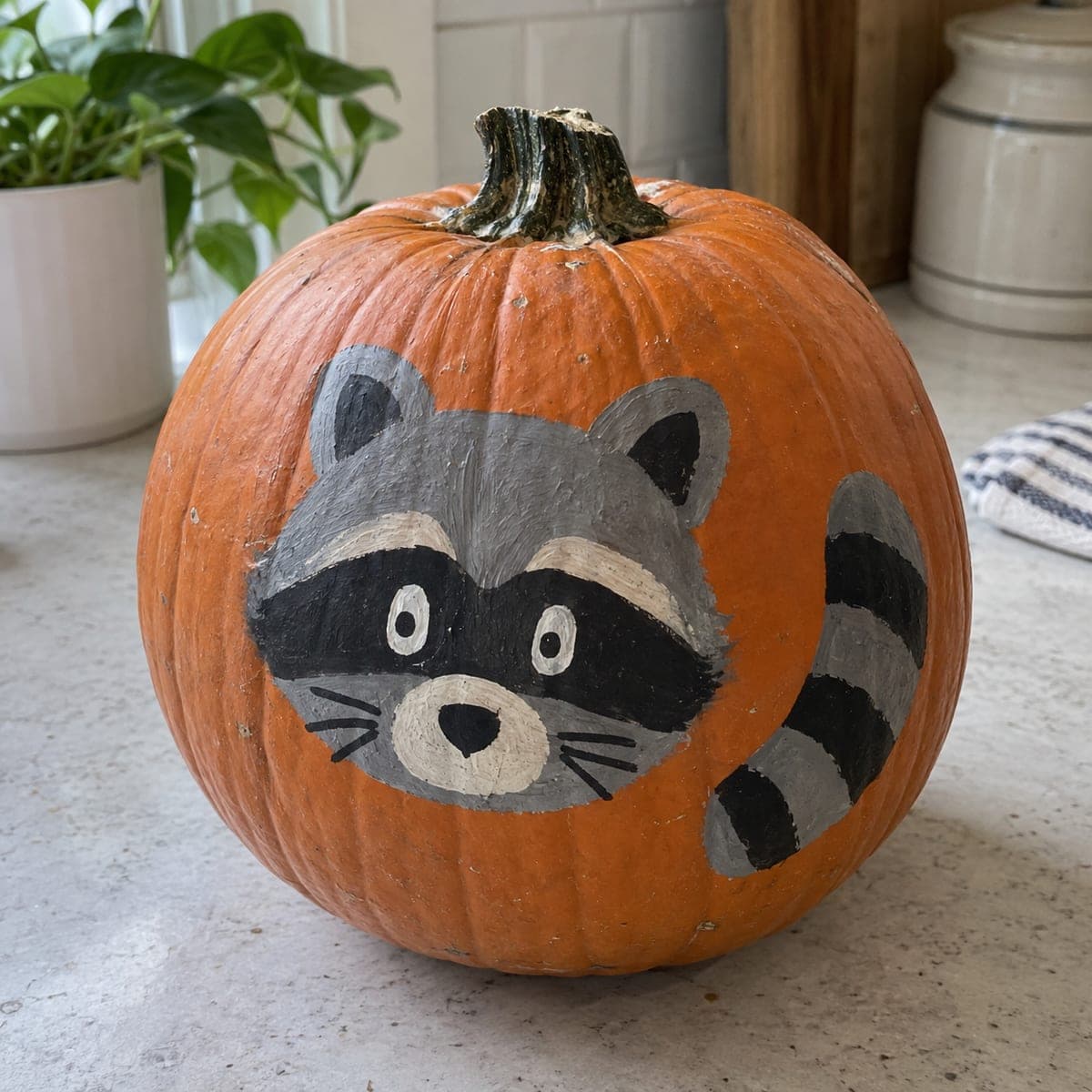 Painted Raccoon Face Pumpkin with Classic Mask