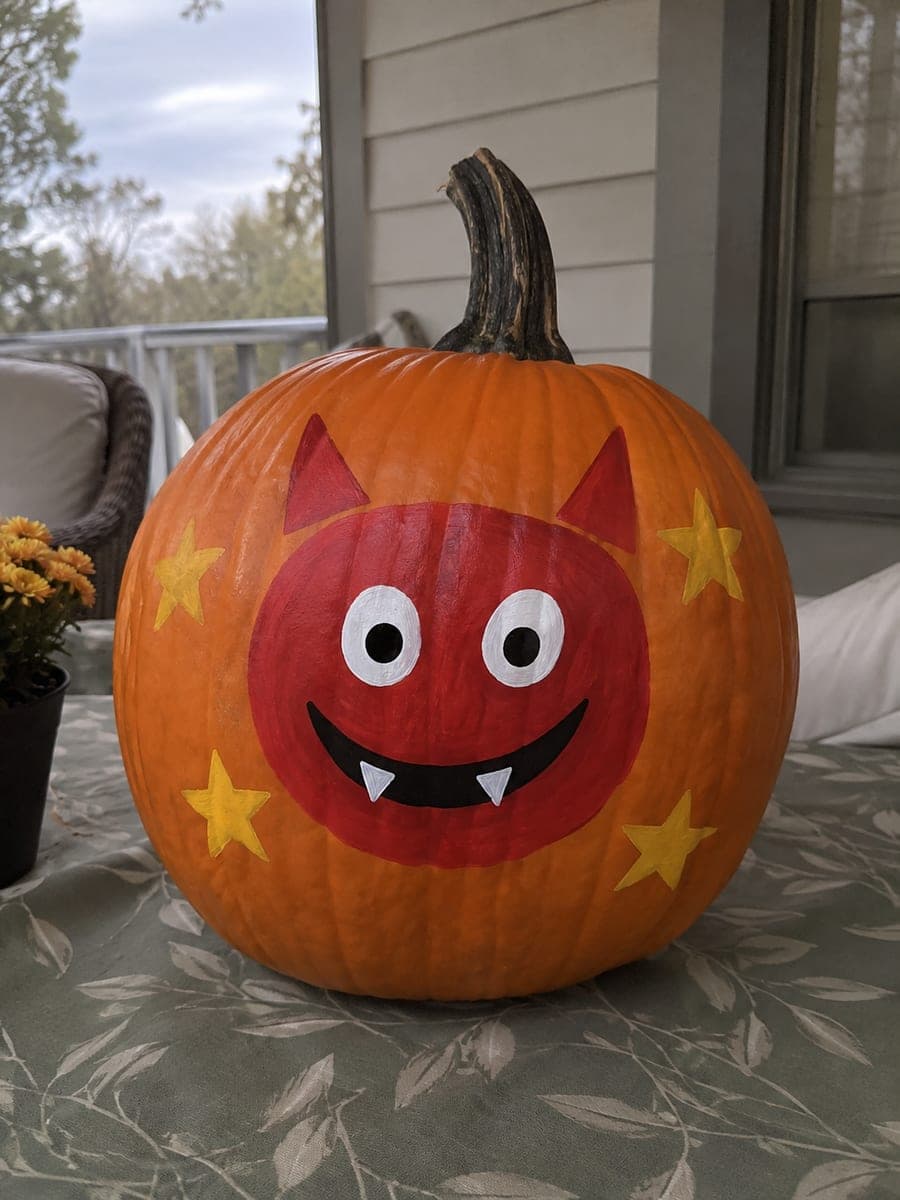 Painted Red Devil Pumpkin with Triangle Horns