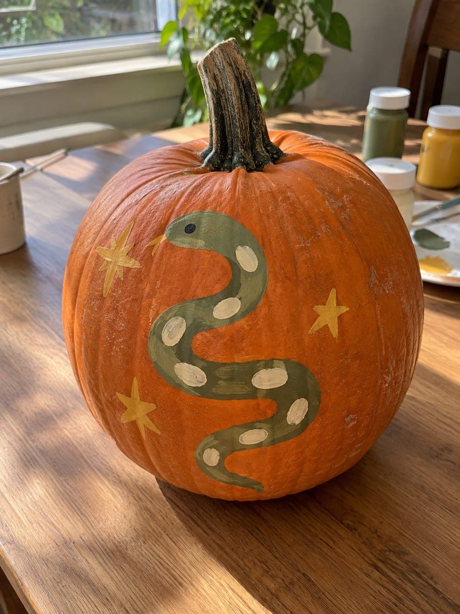 Painted Sage-Green Snake Pumpkin with Mustard Stars