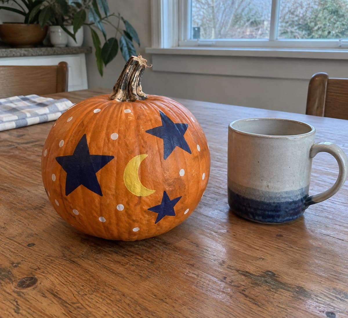 Painted Small Pumpkin With Navy Stars and Crescent
