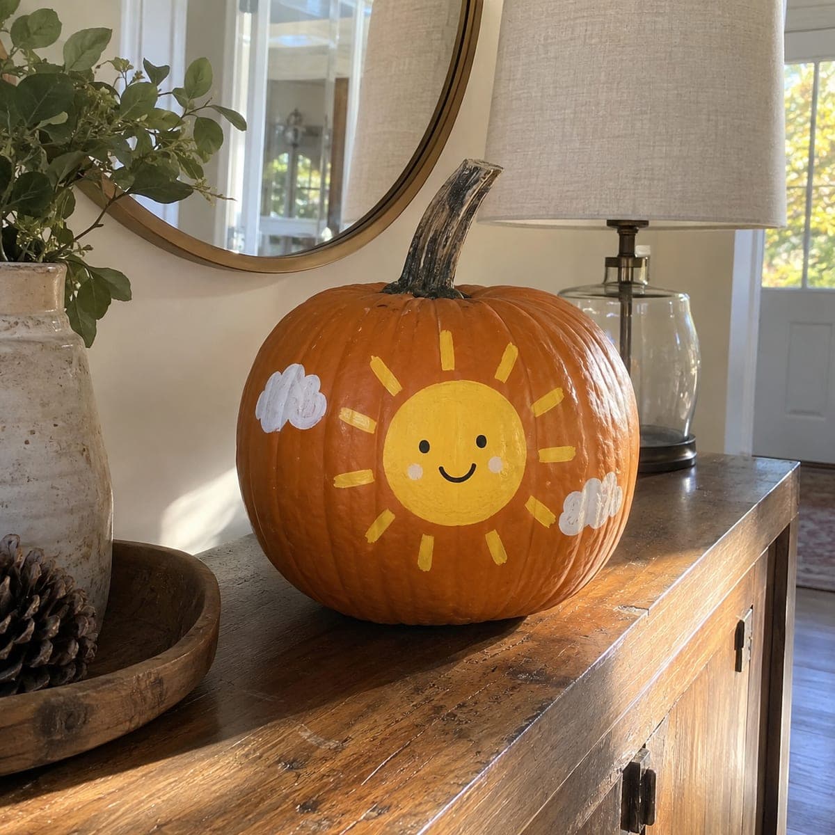 Painted Smiling Golden Sun Pumpkin With White Clouds