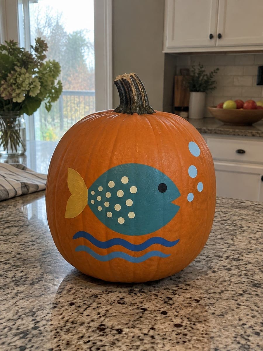 Painted Teal Fish Fishing Pumpkin with Scale Dots