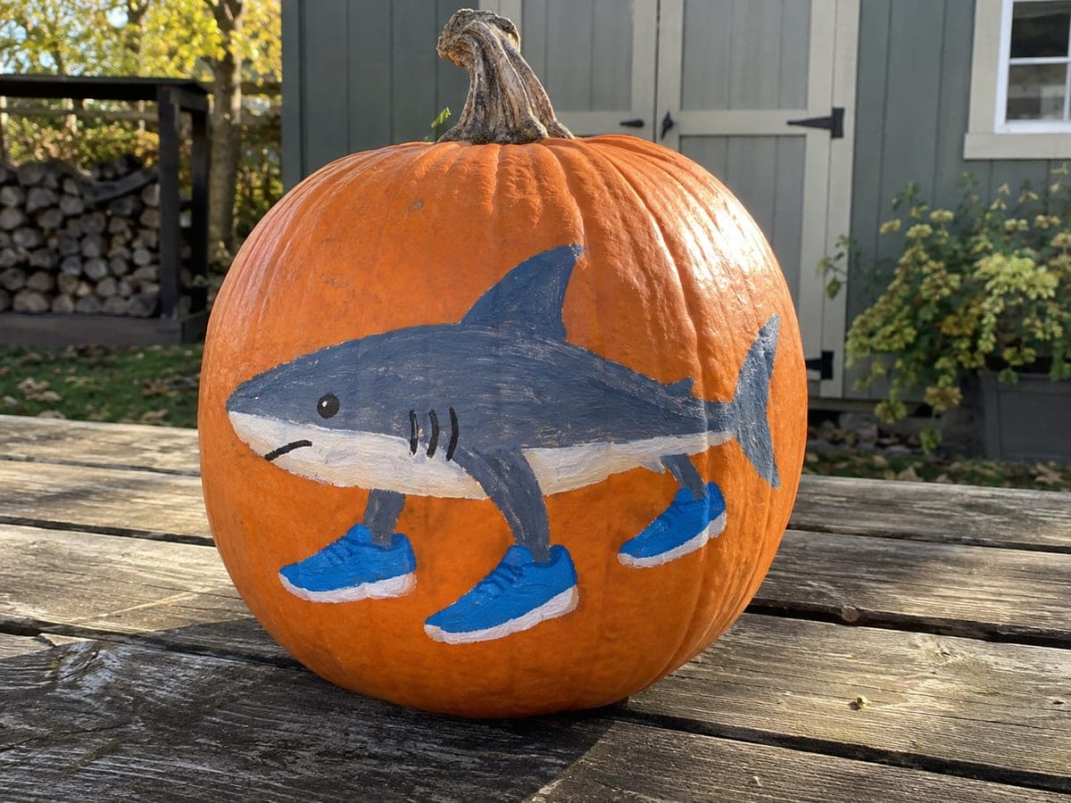 Painted Tralalero Tralala Pumpkin with Three Blue Sneakers