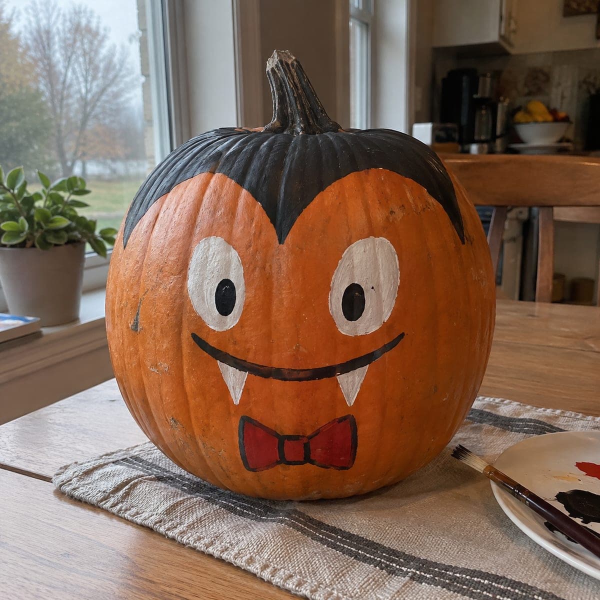 Painted Vampire Pumpkin with Black Hair and Bow Tie