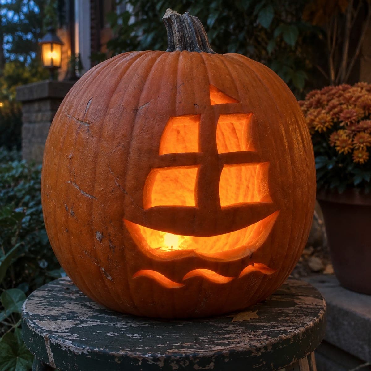 Pirate Ship Pumpkin with Four Sail Windows and Flag