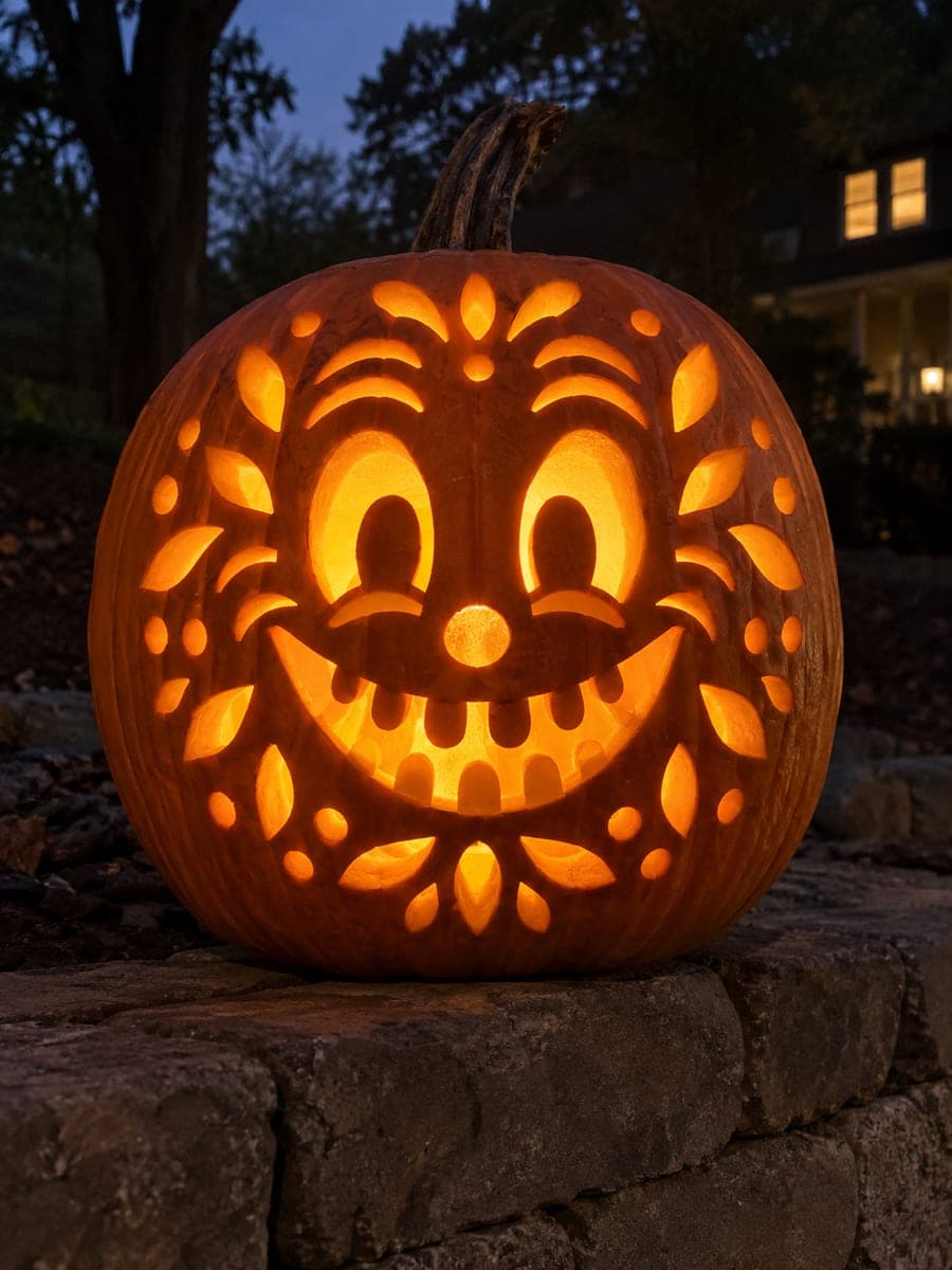 Pupil-Eyed Friendly Jack-O-Lantern With Petal Border