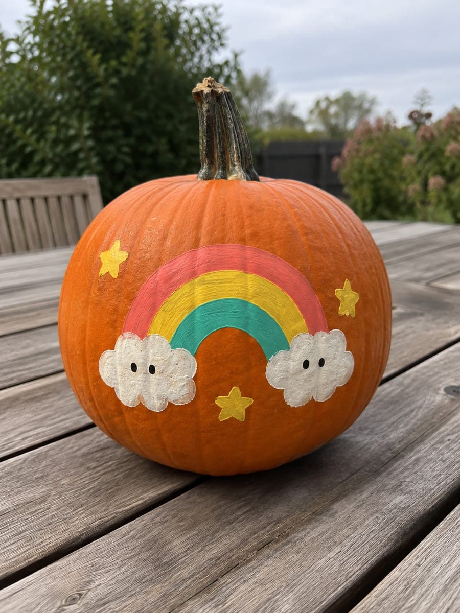 Rainbow and Smiling Clouds Painted Pumpkin for Preschoolers