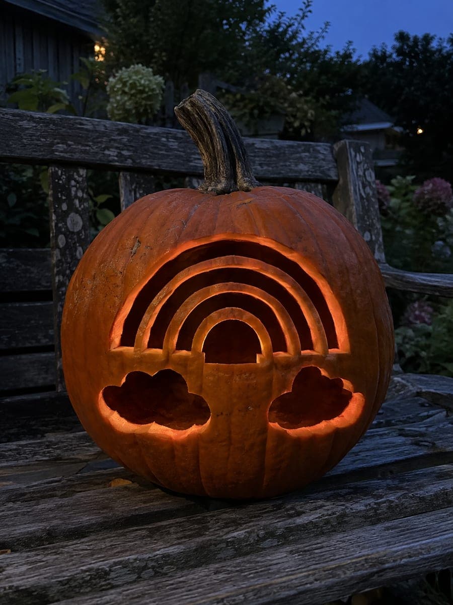 Rainbow Arch Pumpkin With Two Cloud Cutouts at Dusk