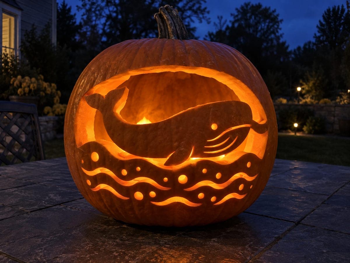 Retained Whale Pumpkin Carving Above Glowing Wave Rows