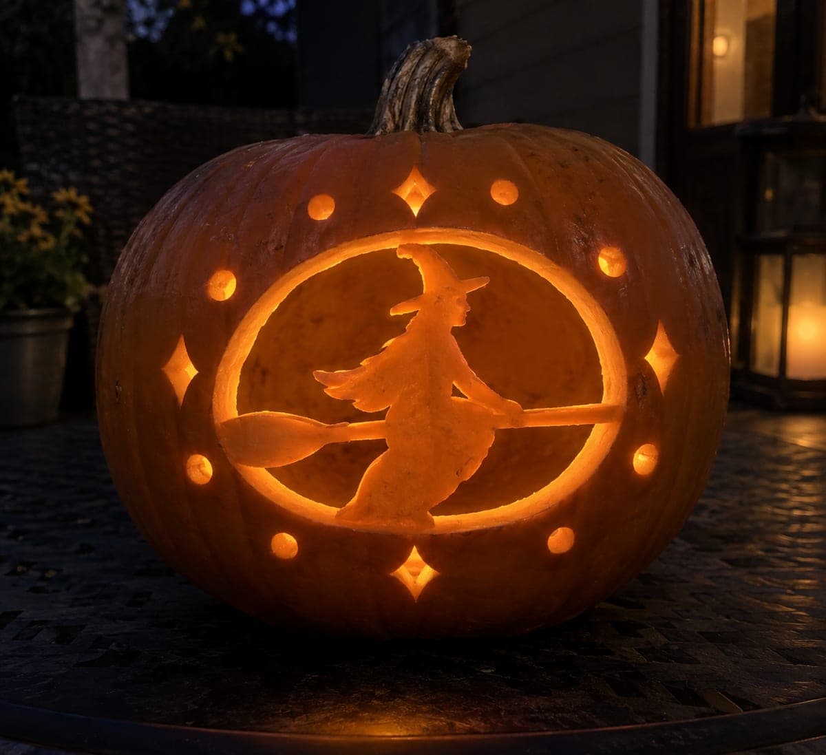 Retained Witch on Broom in Oval Window Pumpkin