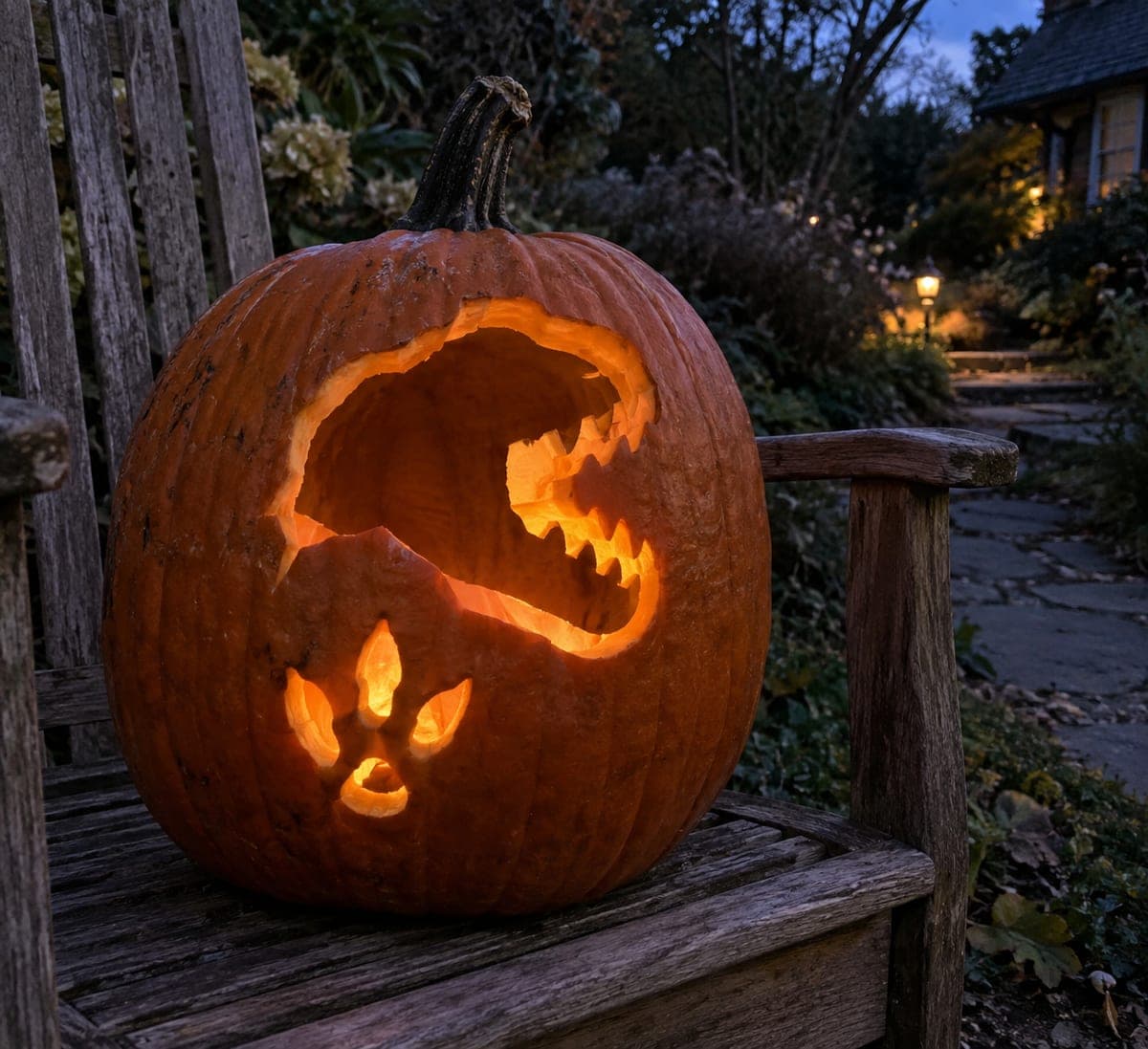 Roaring T. Rex Head Profile Pumpkin with Claw Footprint