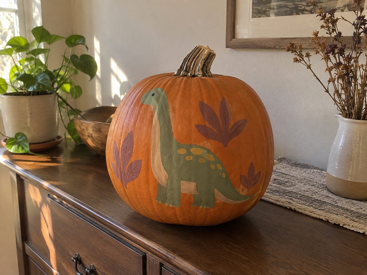 Sage Brachiosaurus Painted Pumpkin with Mauve Leaves