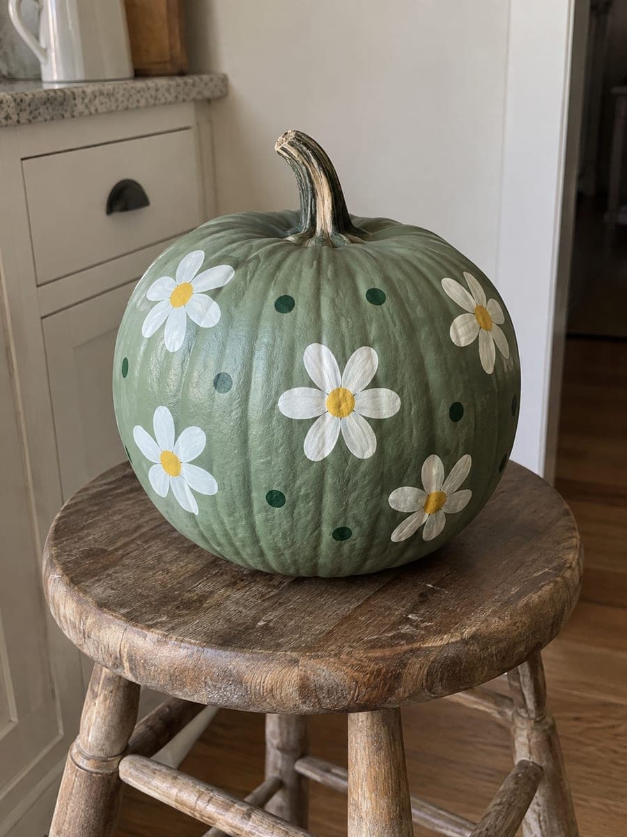 Sage Green Painted Pumpkin with White Daisy Design