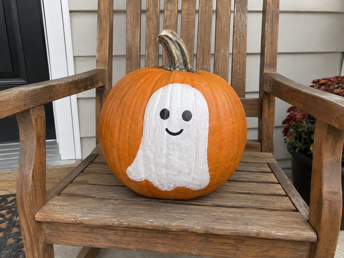 Scallop-Bottom Ghost Painted Pumpkin Facing Forward