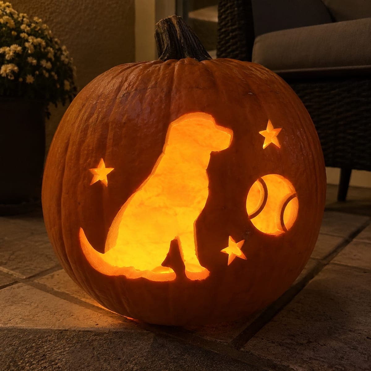 Sitting Labrador and Ball Pumpkin Carving with Star Details