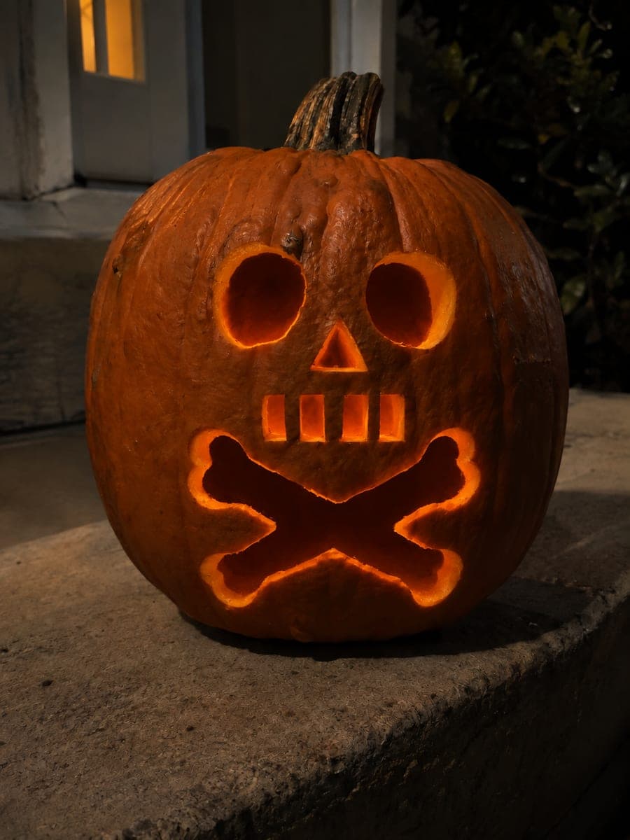 Skull and Crossbones Jack-O-Lantern Glowing on Concrete Steps
