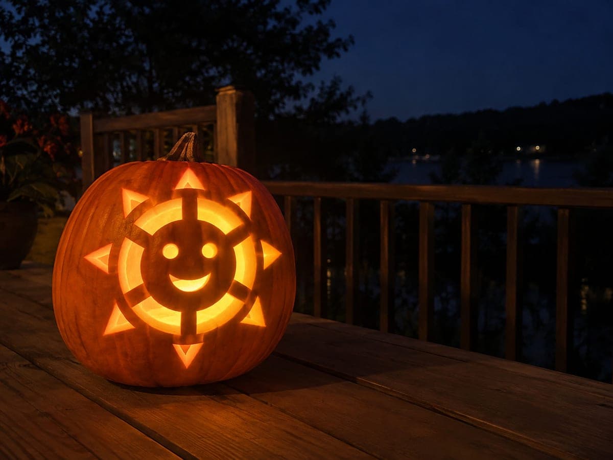 Smiling Sun Pumpkin Carving with Connected Ray Spokes