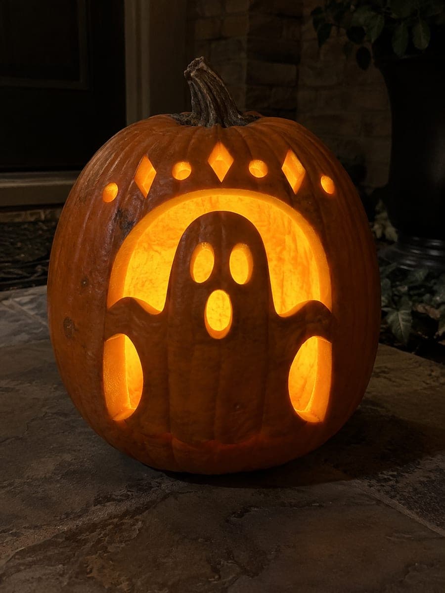 Solid Ghost Pumpkin Framed in Glowing Arch Window