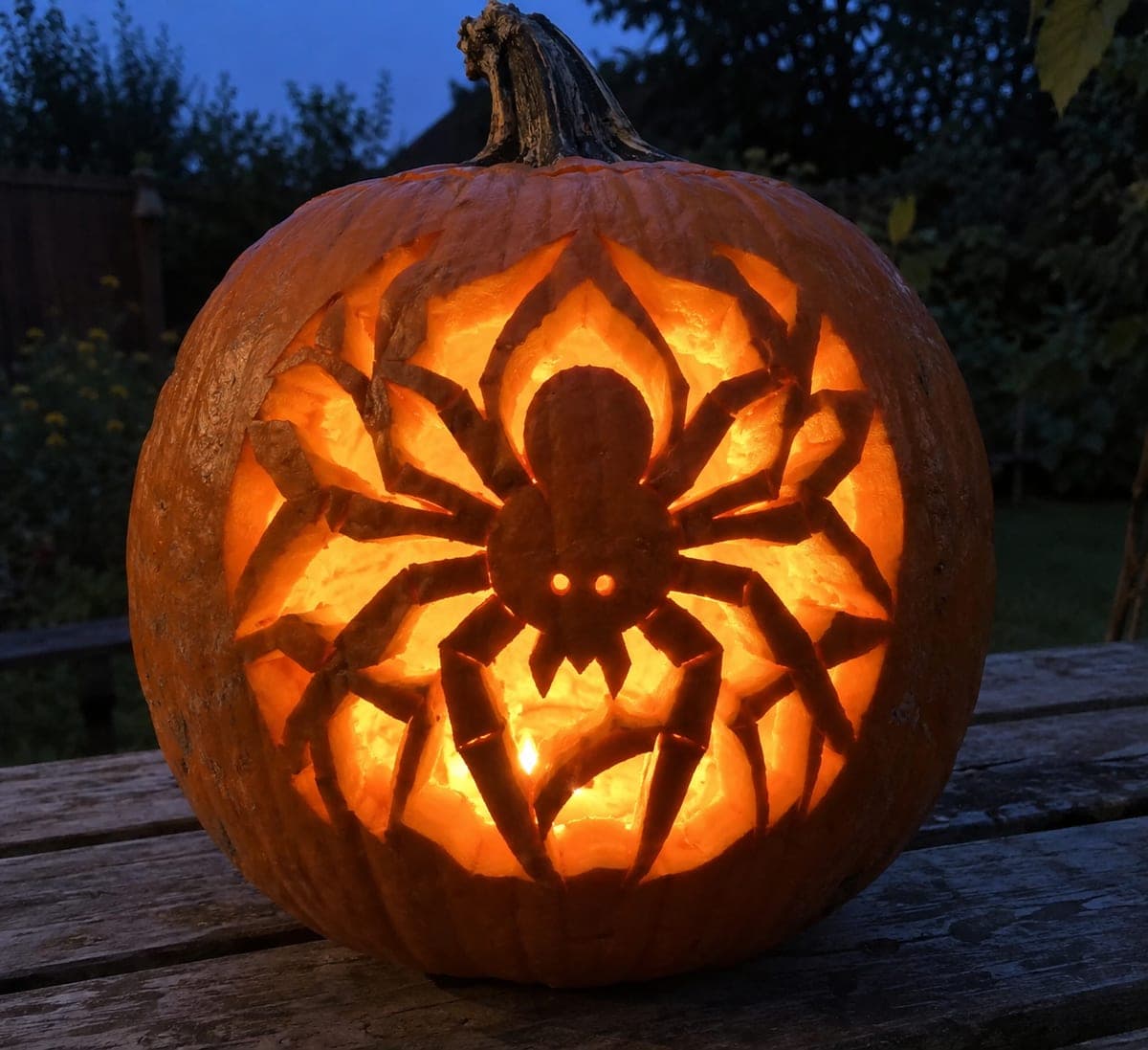 Spider Stencil Pumpkin With Eight Jointed Legs Glowing