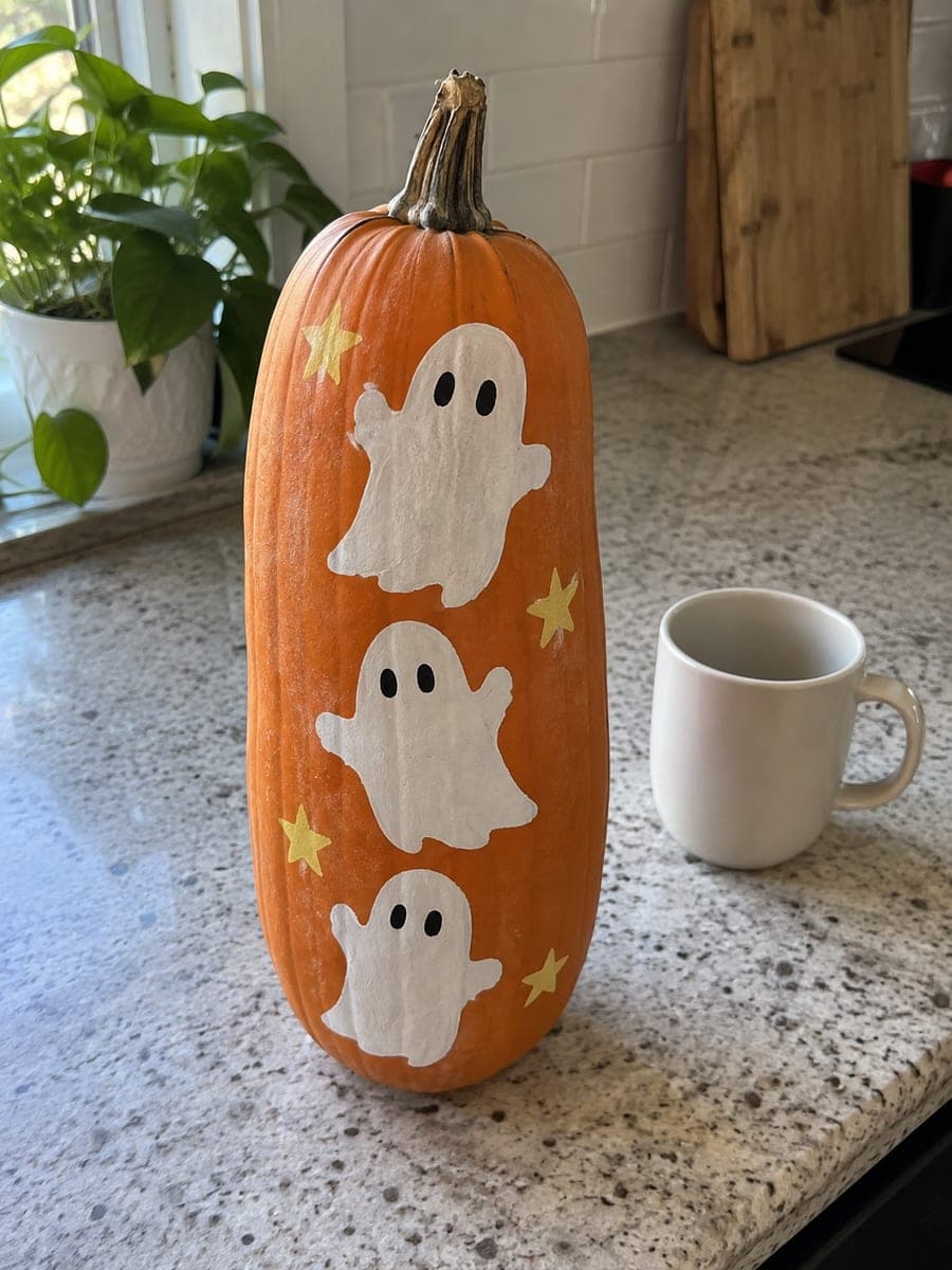 Stacked Ghost Skinny Pumpkin on a Kitchen Counter