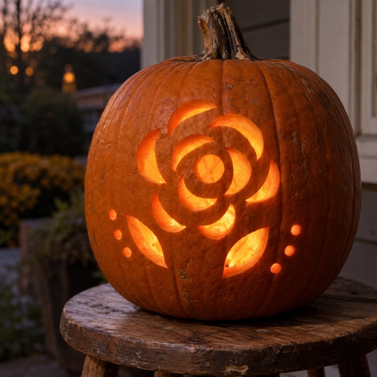 Staggered Petal Rose Pumpkin with Accent Dots and Leaves