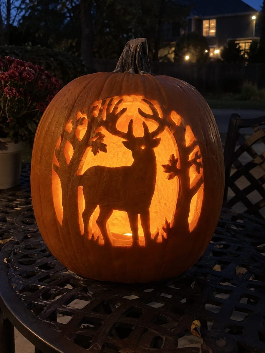 Standing Buck and Tree Pumpkin Inside Oval Window