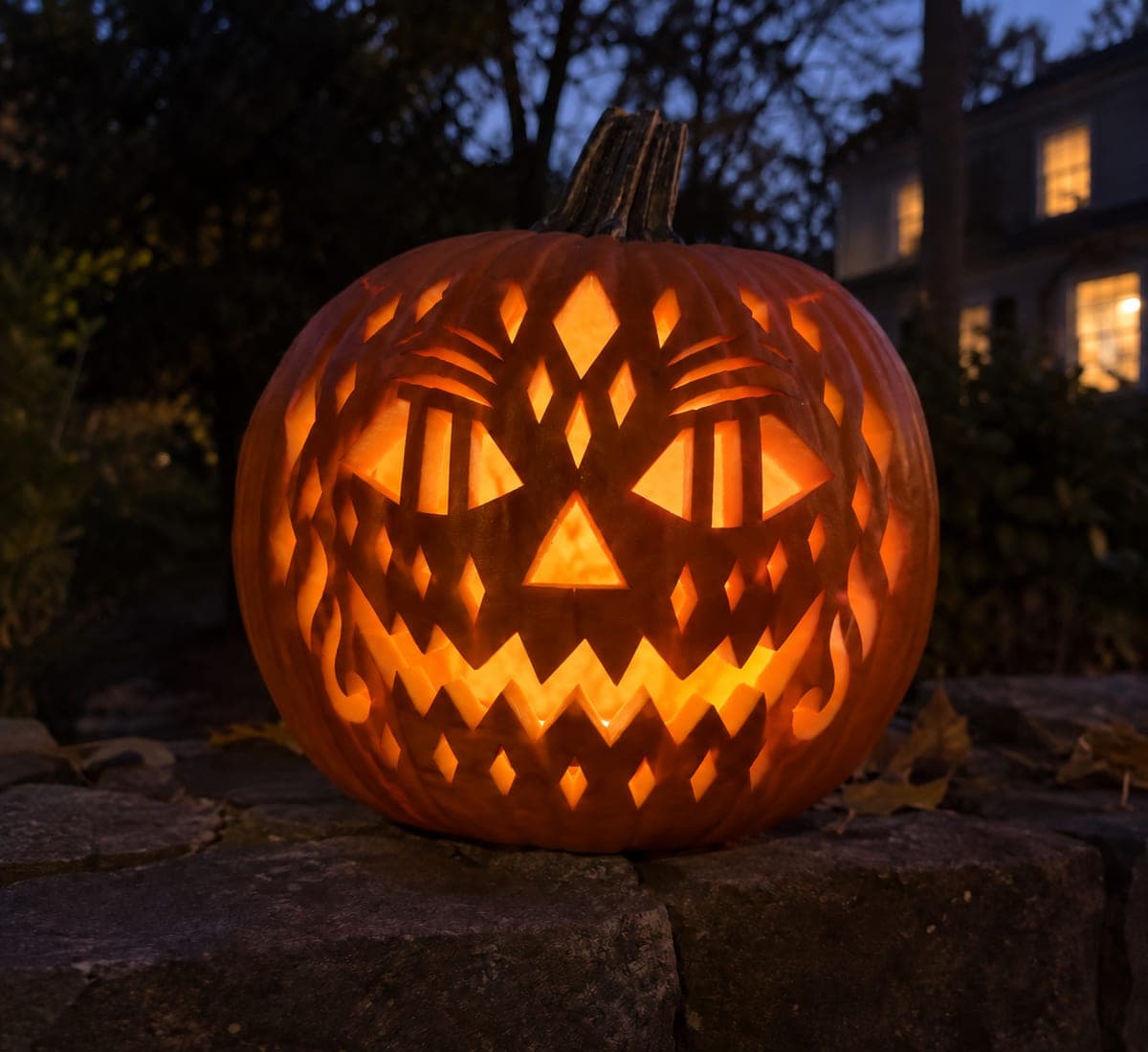Stone Wall Jack-O-Lantern With Flame and Diamond Cutouts