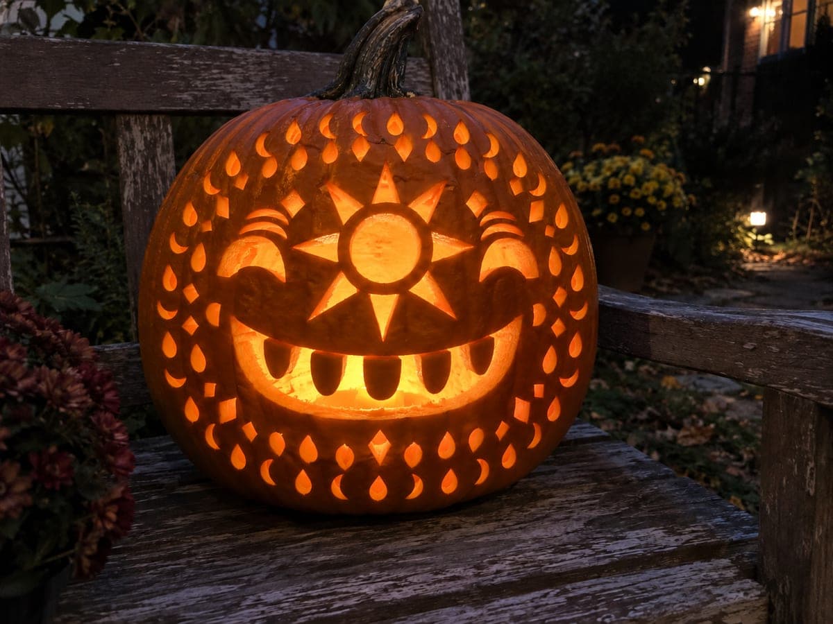 Sun Nose Pumpkin Carving with Ornate Cut-Through Borders