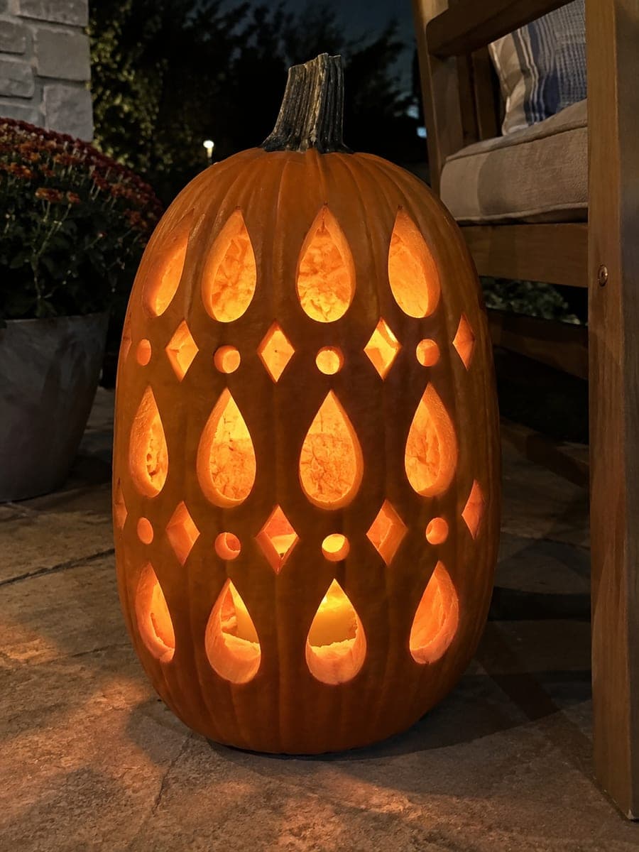 Teardrop and Diamond Row Oblong Pumpkin on a Porch